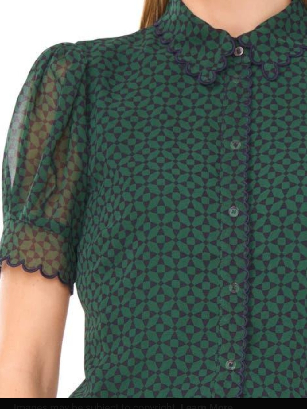 CeCe Teal and Navy Geometric Short-Sleeve Button Down Shirt - Picture 2 of 9